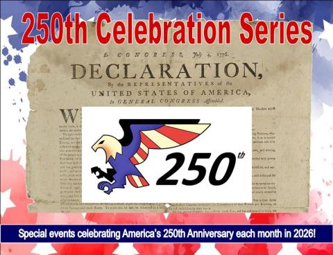 The Declaration of Independence on a red, white, and blue background with eagle logo