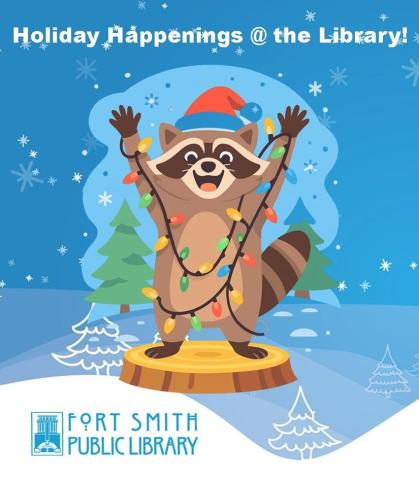 colorful drawing of a racoon standing on a stump with a string of Christmas lights