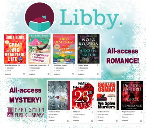The Libby app logo, 4 romance books, and 4 mystery books on a background of snowflakes