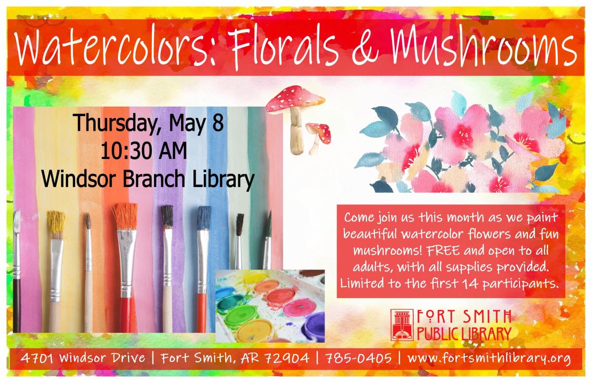 poster featuring paintbrushes and paints for watercolor class