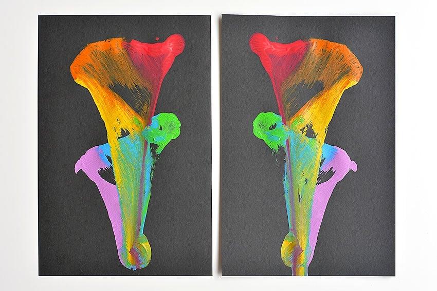 Two images of multicolor string pulled paint art. 