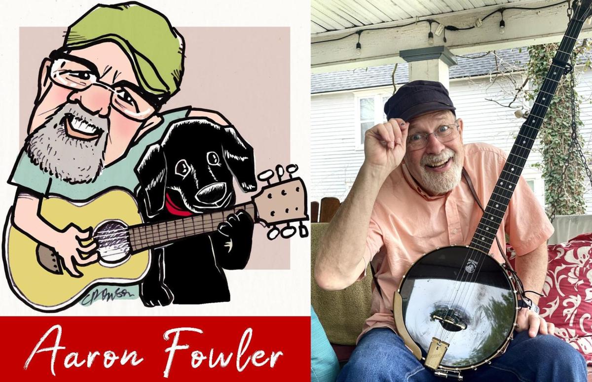 photo of musician Aaron Fowler with his banjo, and caricature of him and his black dog
