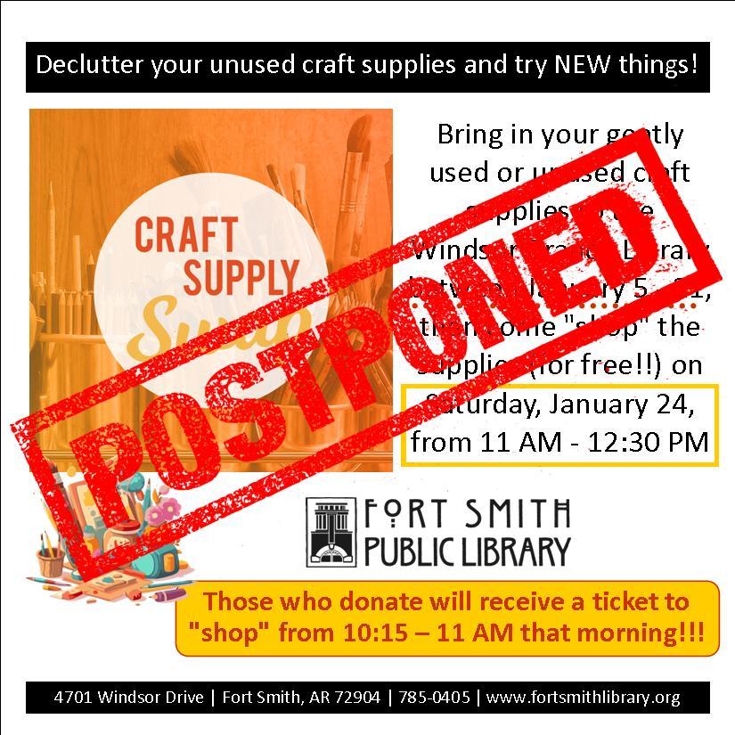 craft swap poster with the word postponed over it