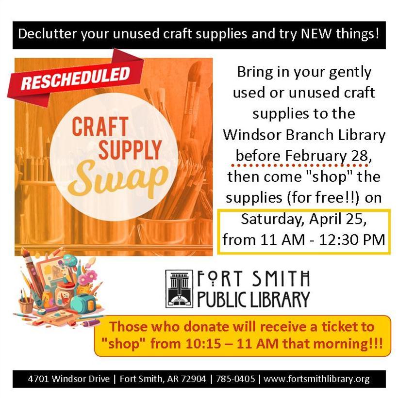 orange square with craft supplies with circle that craft supply swap and event details