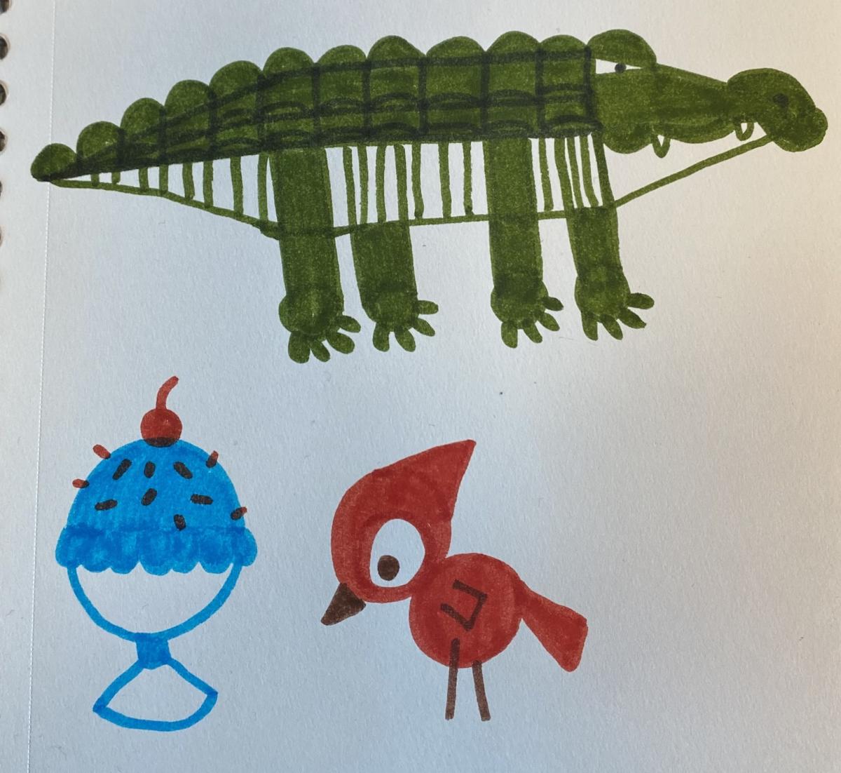 silly drawings of bird, crocodile, and ice cream