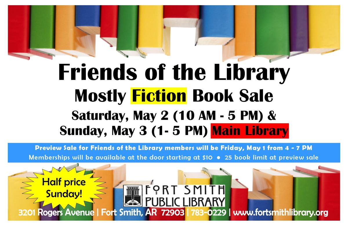 Border of colorful books and information about dates and times for Non-fiction book sale