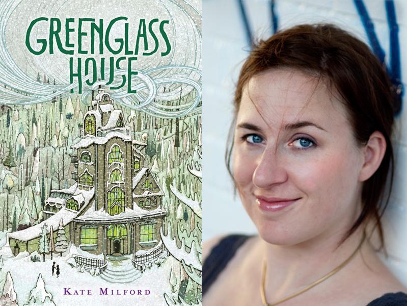 Photo of author Kate Milford with the cover of her award-winning book, Greenglass House